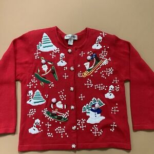 VTG Victoria Harbour Cardigan Sweater Large Red Christmas‎ Santa Ski Sled Snow